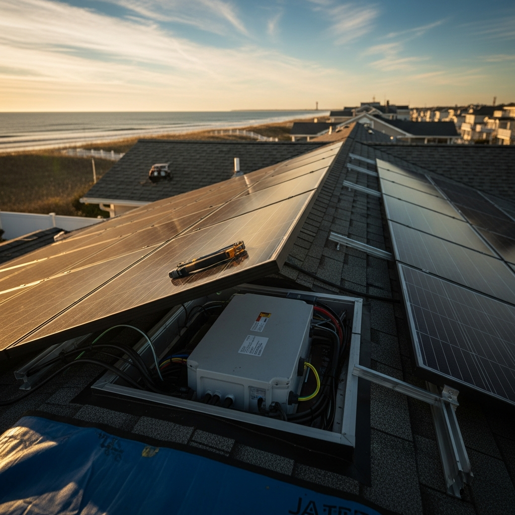 Point Pleasant Solar Panel Removal and Reinstallation on a coastal roof with battery and inverter inspection underway