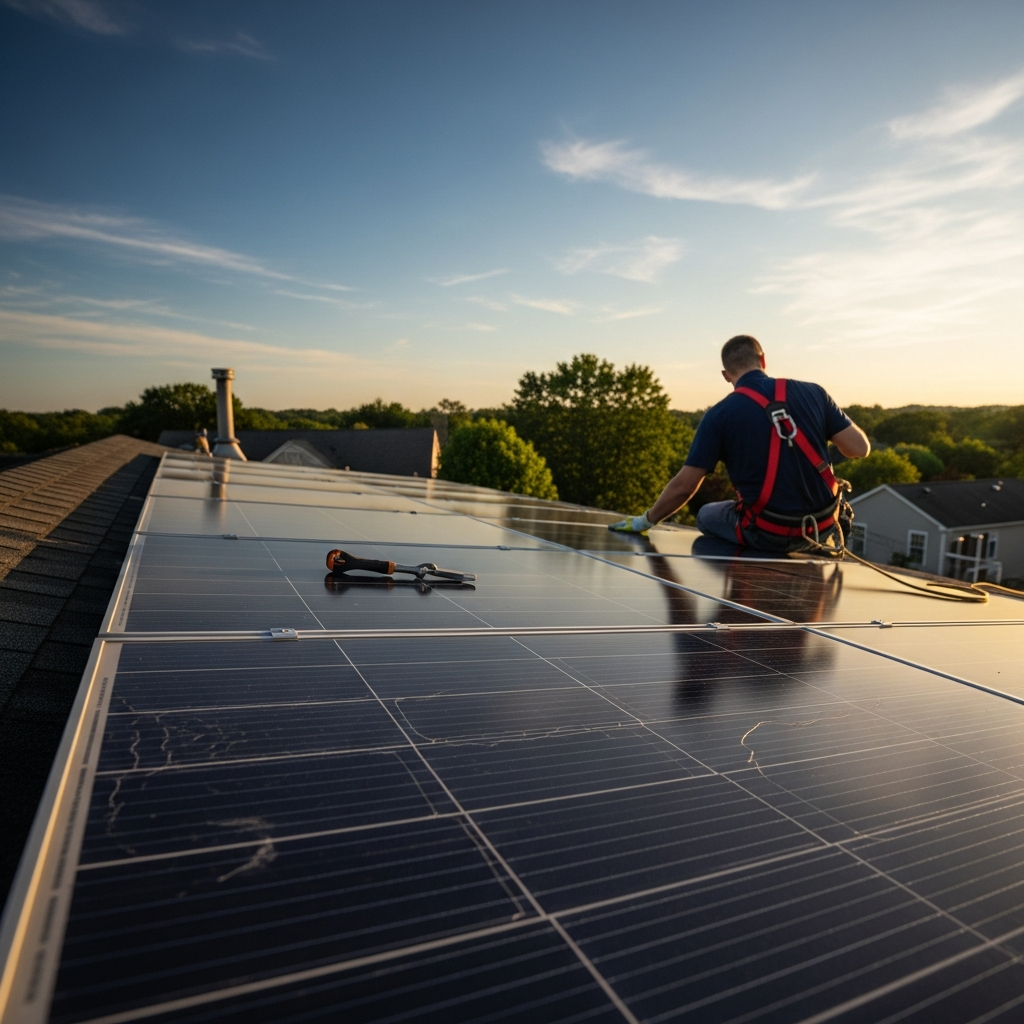 Technician inspecting rooftop panels for Hillsborough Township NJ solar panel repair after system performance issues