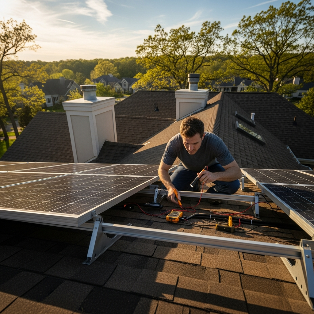 Technician inspecting rooftop panels during Warren NJ solar panel repair, checking inverter output after storm damage