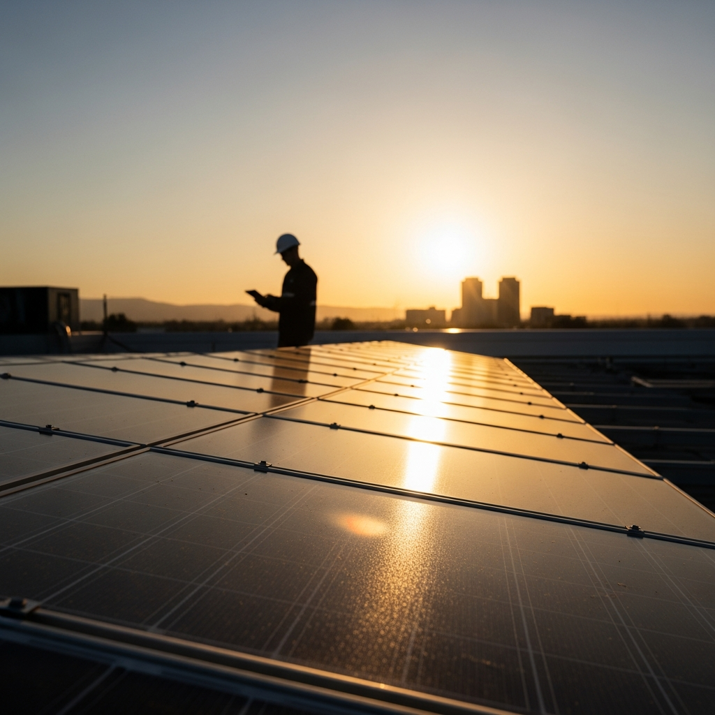 Technician inspecting a rooftop solar array in Freehold, Solar Repair visit focused on diagnostics and underperforming panels