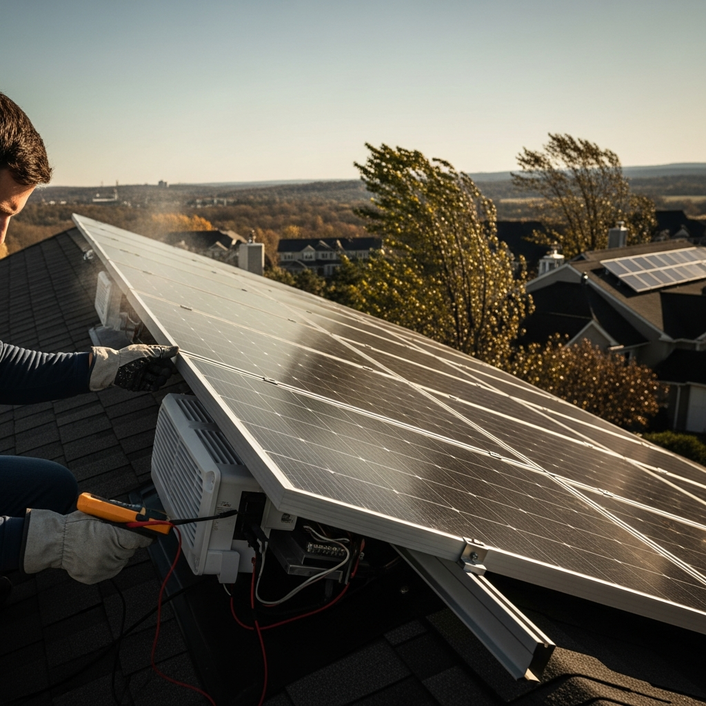 Technician inspecting rooftop array during Watchung NJ solar panel repair at a home, checking wiring and panel output