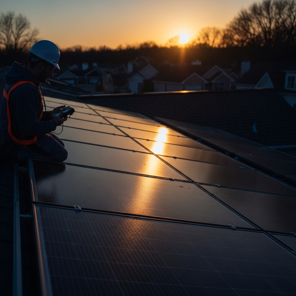 Basking Ridge NJ solar panel repair technician inspects a rooftop array for low output, faults, and aging system issues