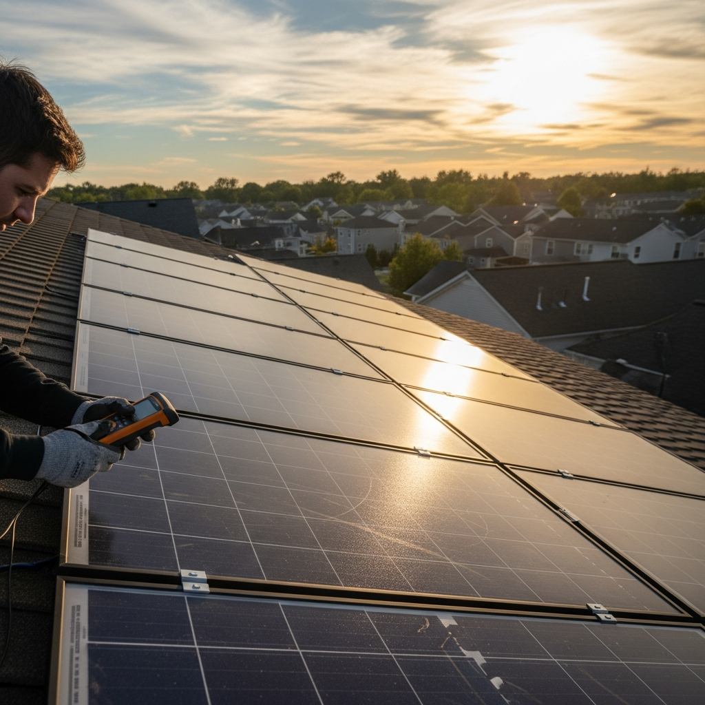 Technician inspects rooftop array during Kendall Park NJ solar panel repair after one section shows weak output.