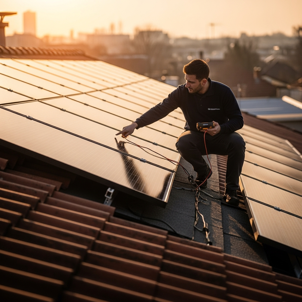 Technician on a suburban roof inspecting solar panels and wiring, performing professional solar system repair after storm damage
