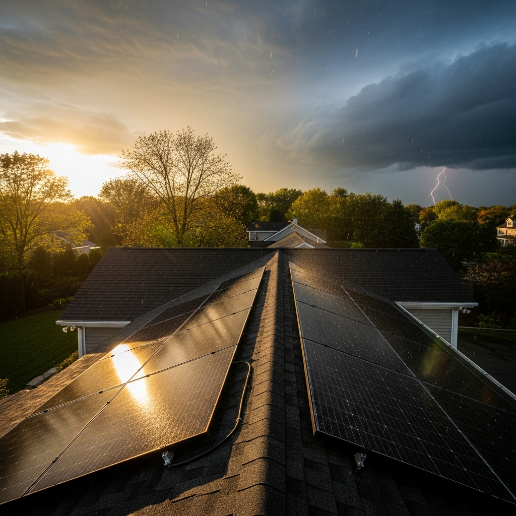 Technician inspecting roof-mounted solar panels New Jersey home, checking wiring and mounts for safe, high-efficiency performance