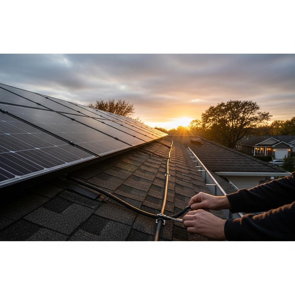 Solar technician inspecting rooftop panels under sun and clouds, highlighting solar tax credit expiration 2025 and maintenance risks