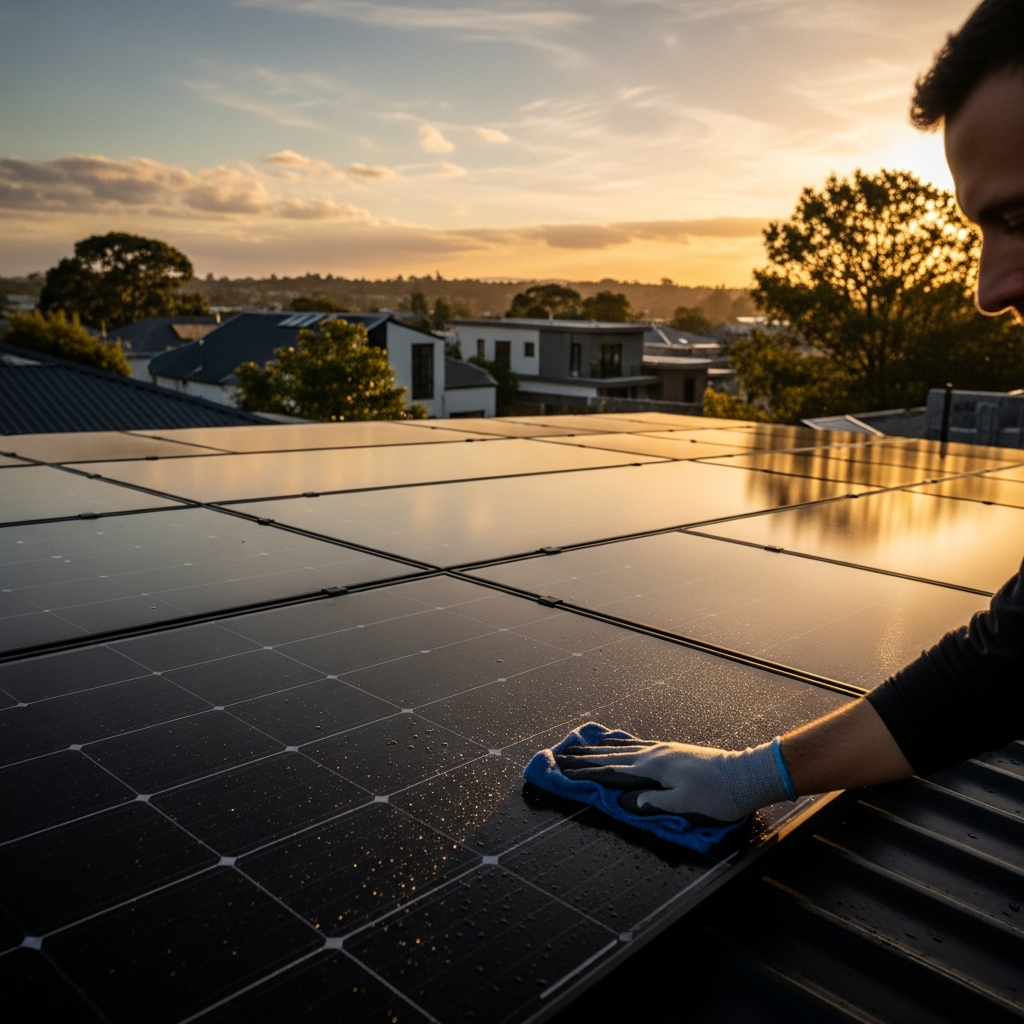 Technician inspects rooftop solar panels for damage and dirt, protecting solar power lifespan and preventing energy production loss
