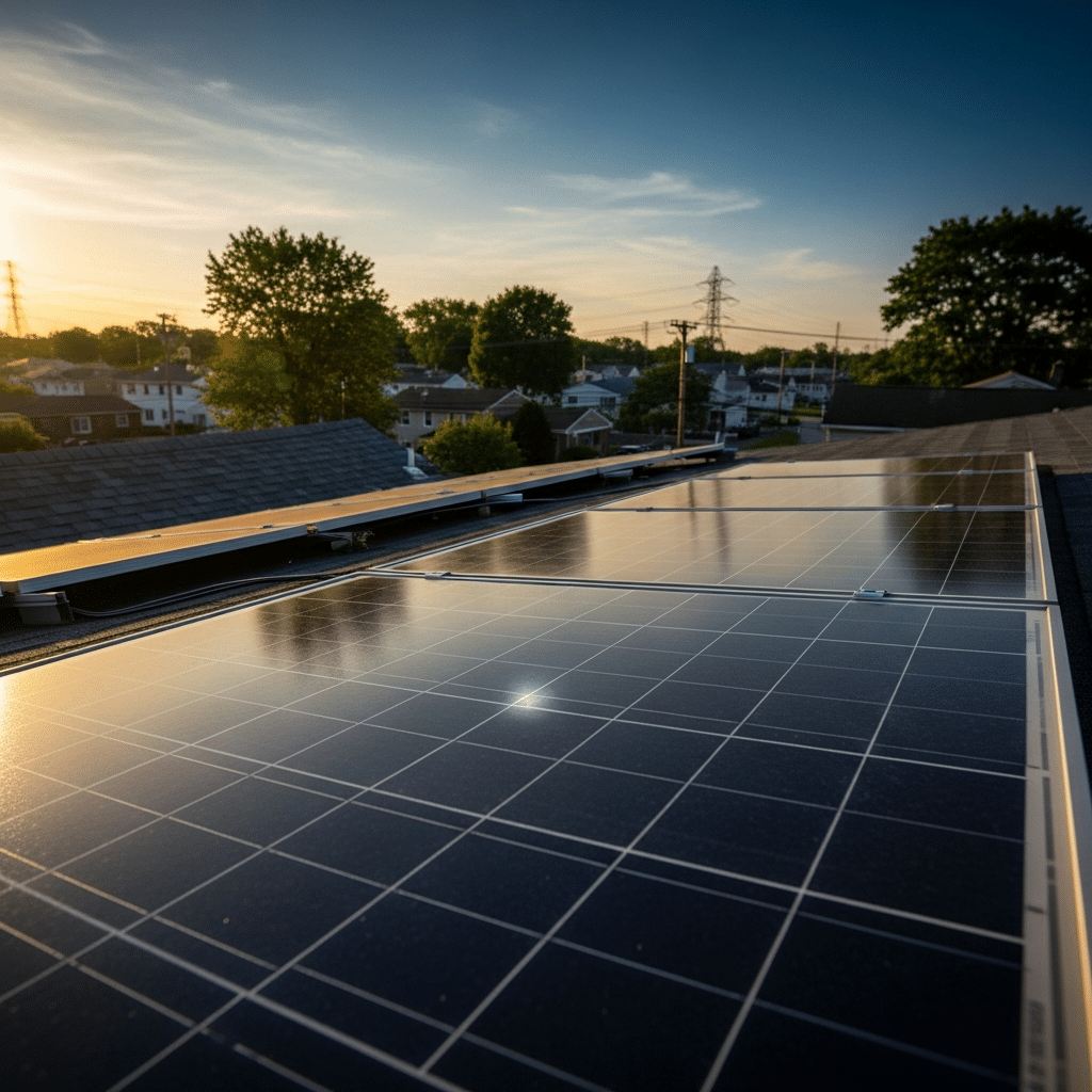 Woodbridge Township NJ solar panel repair technician checks inverter data as one rooftop solar array section stays flat