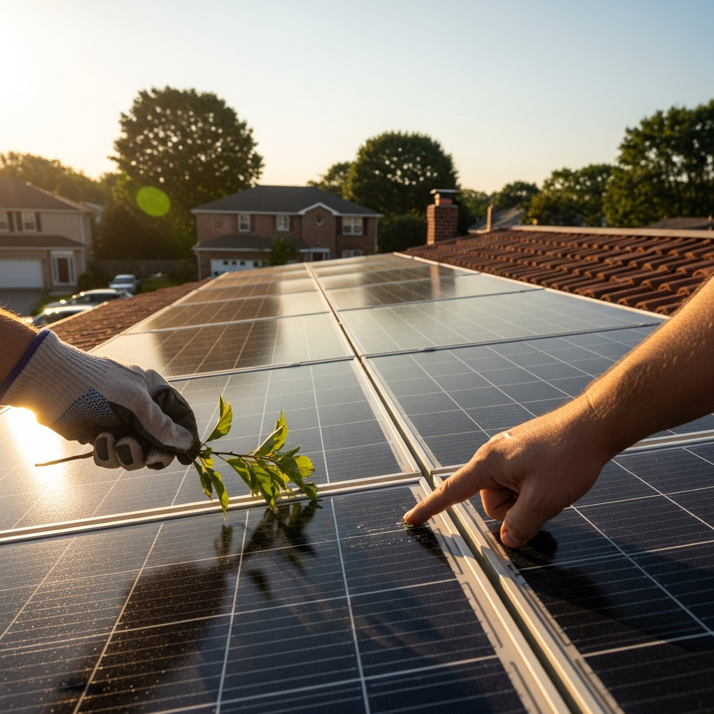 Technician inspecting rooftop panels for Highland Park NJ solar panel repair, checking wiring and inverter performance