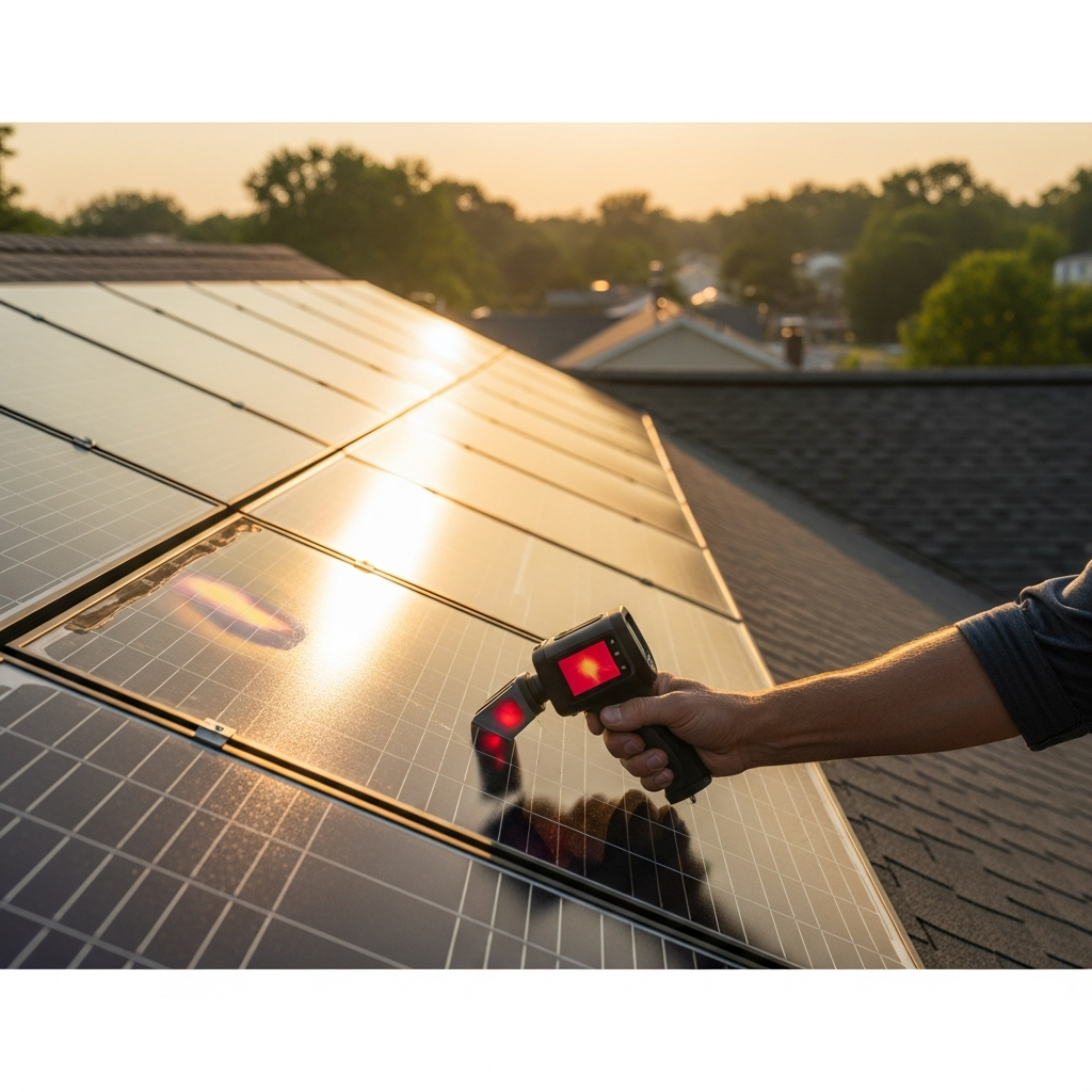 South Plainfield NJ solar panel repair technician inspects rooftop array after storm as homeowner reviews rising summer bill