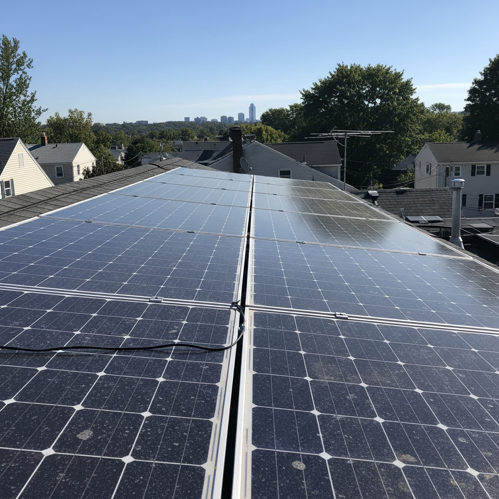 Morristown NJ solar panel repair technician inspects rooftop panels for storm damage, wiring faults, and low output