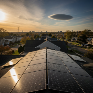 Technician inspecting rooftop solar array while replacing roof with solar panels on a home in New Jersey.