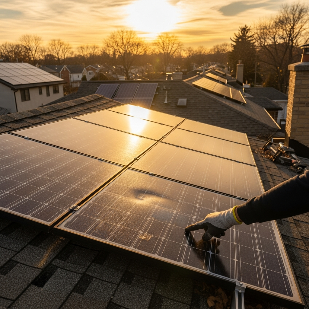 Technician inspecting an older rooftop array for Millburn NJ solar panel repair after solar output decline