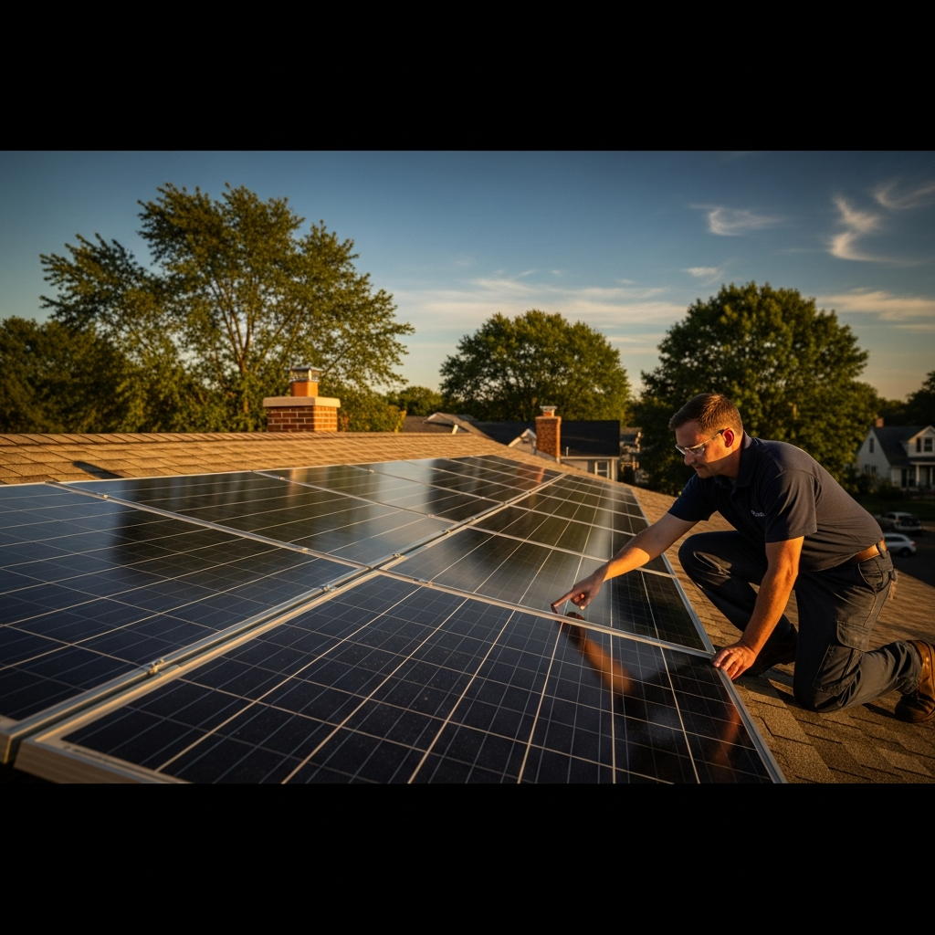 Technician inspecting rooftop array during West Windsor NJ solar panel repair to fix low output and monitoring issues