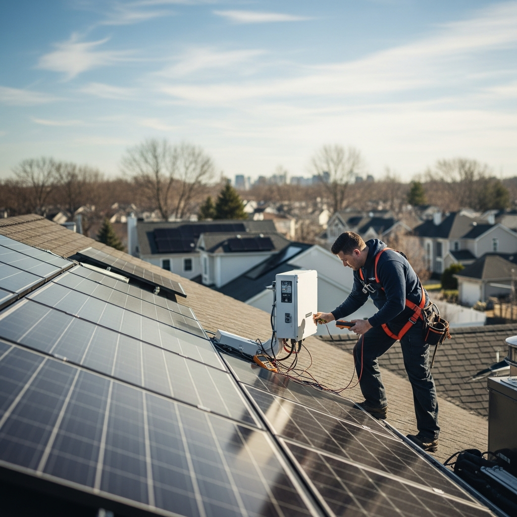 Technician inspecting rooftop array for Woodbridge NJ solar panel repair after output drop, checking panels and wiring