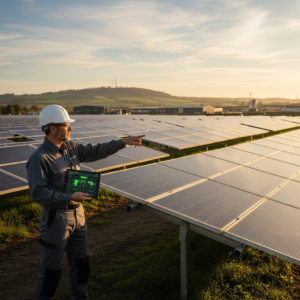 Industrial solar systems on a commercial rooftop with monitoring data highlighting low output and fault detection