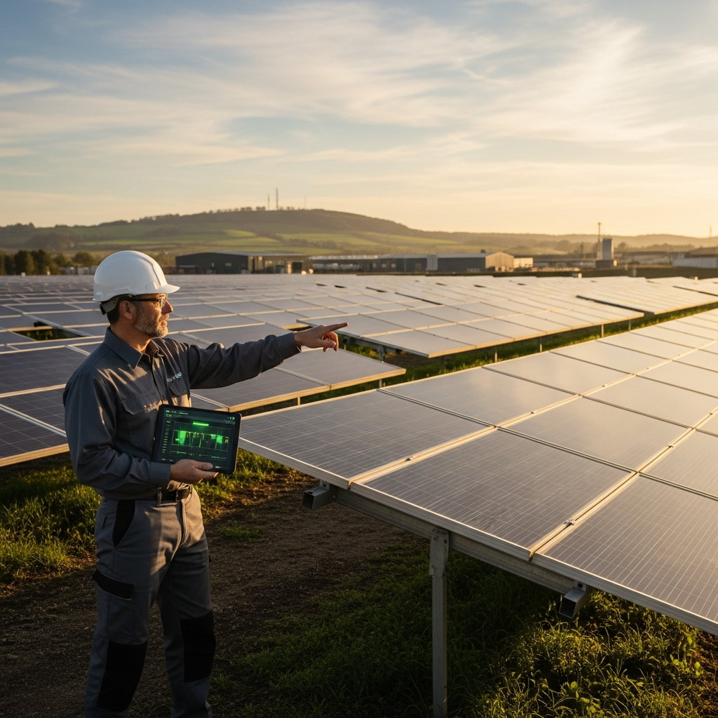 Industrial solar systems on a commercial rooftop with monitoring data highlighting low output and fault detection
