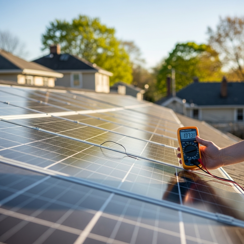 Belle Mead NJ solar panel repair technician inspecting rooftop array for spring underperformance and diagnostics