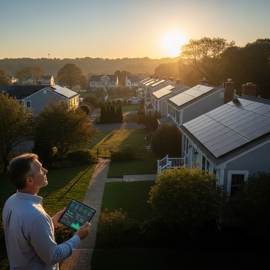 Technician inspecting rooftop panels during Chatham NJ solar panel repair, checking inverter data before battery upgrade
