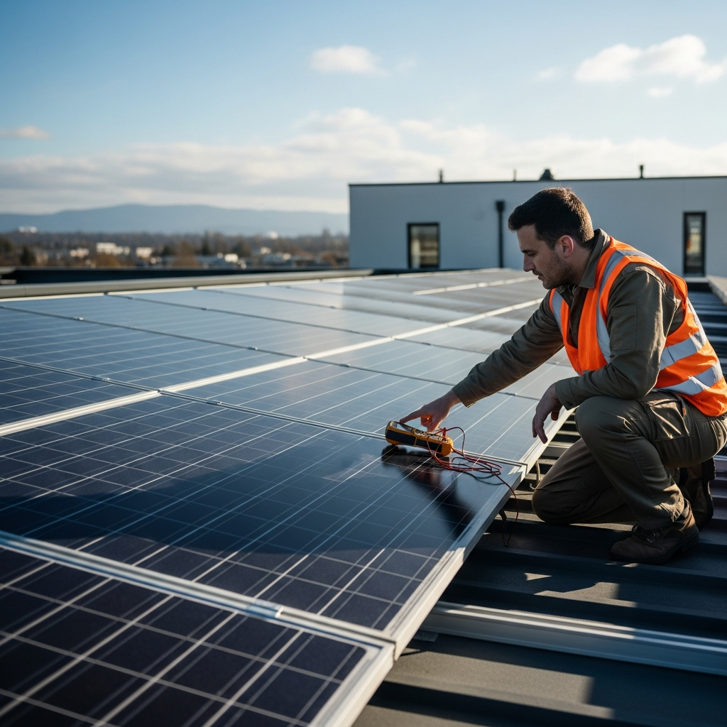 Solar installers NJ inspect a rooftop solar array and monitoring data to diagnose summer power loss in aging systems