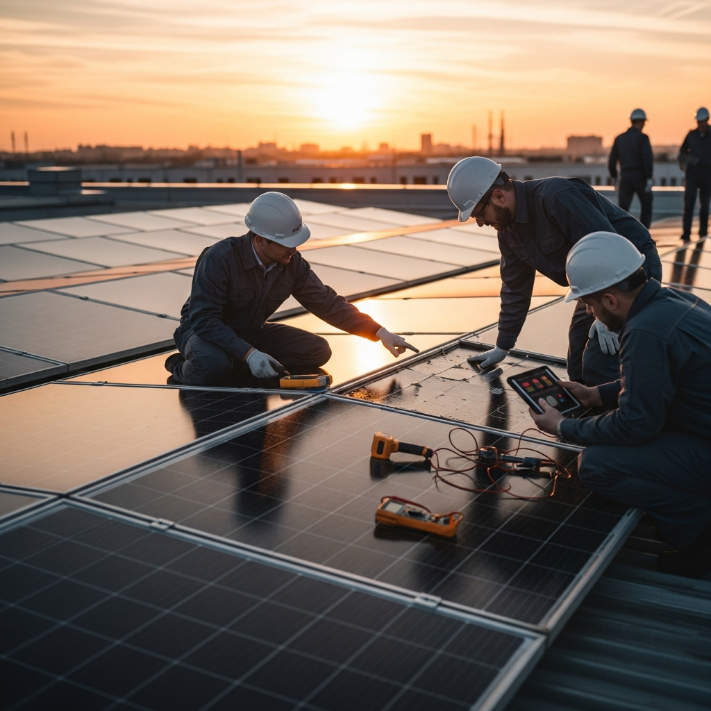 Technicians inspect a commercial solar panel system on a rooftop, highlighting rising repair and maintenance costs in 2026