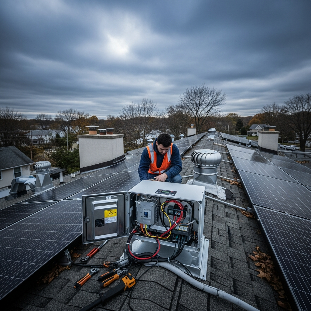 Solar South Jersey inverter replacement review showing rooftop panels, wall inverter, and monitoring records check