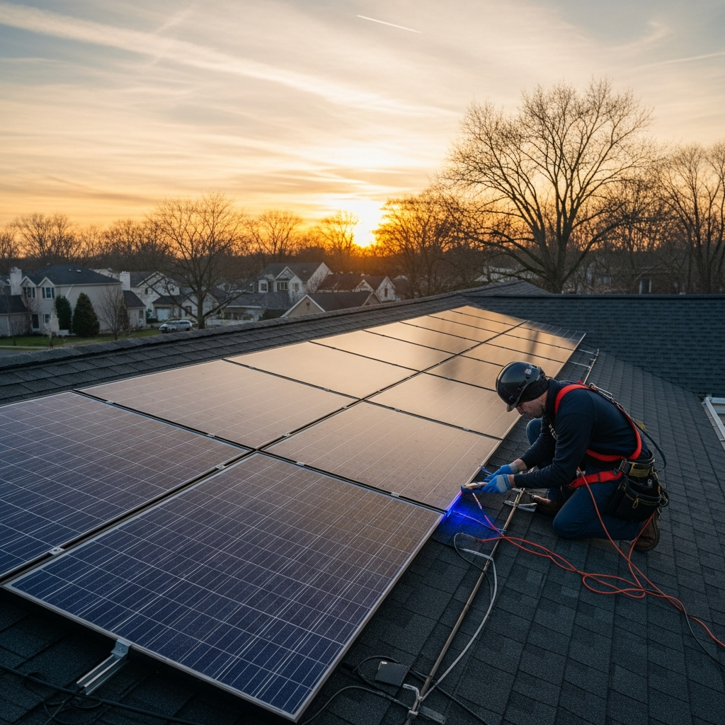 Technician inspects rooftop panels during New Providence NJ solar panel repair to restore summer energy output