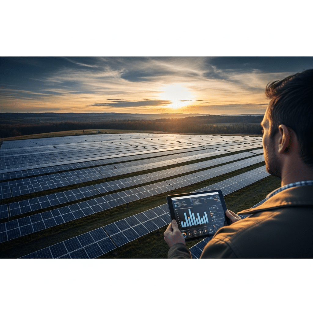Solar monitoring companies track rooftop panel output as a technician reviews inverter data to catch hidden losses early.