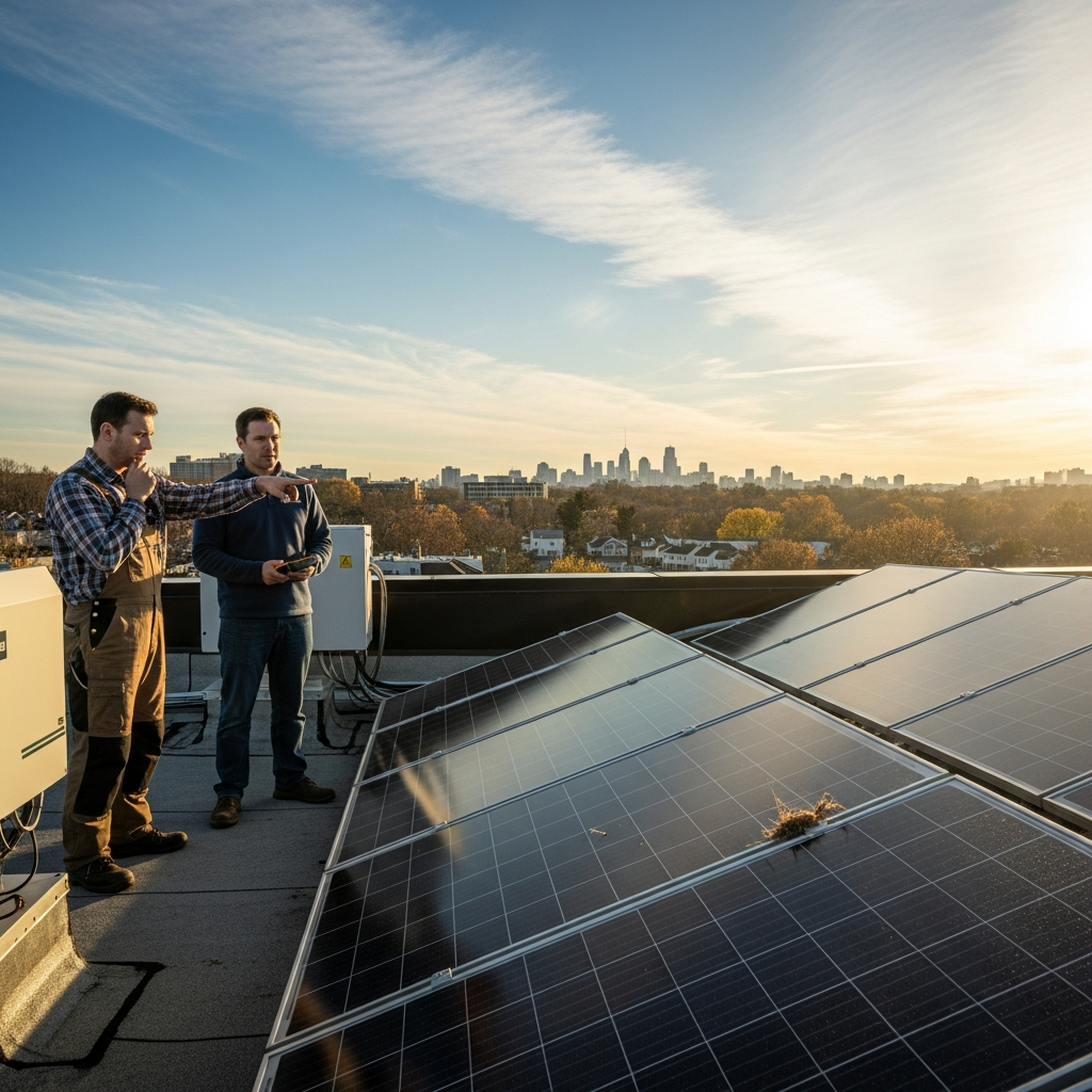 Technician inspecting rooftop panels during Union NJ solar panel repair visit to diagnose low solar output in 2026