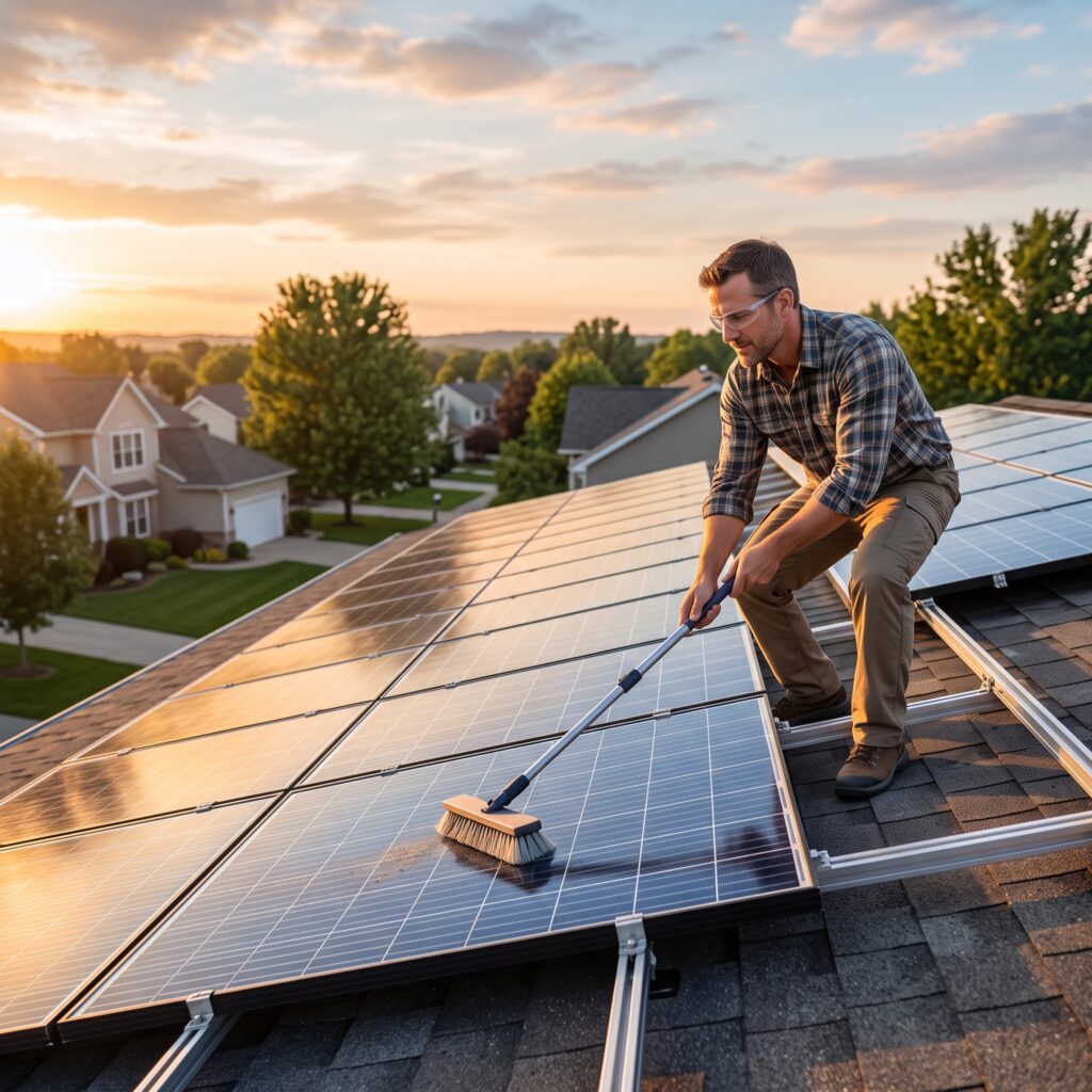 Homeowner reviewing solar account papers and roof panels after default on a solar loan delays monitoring and repairs