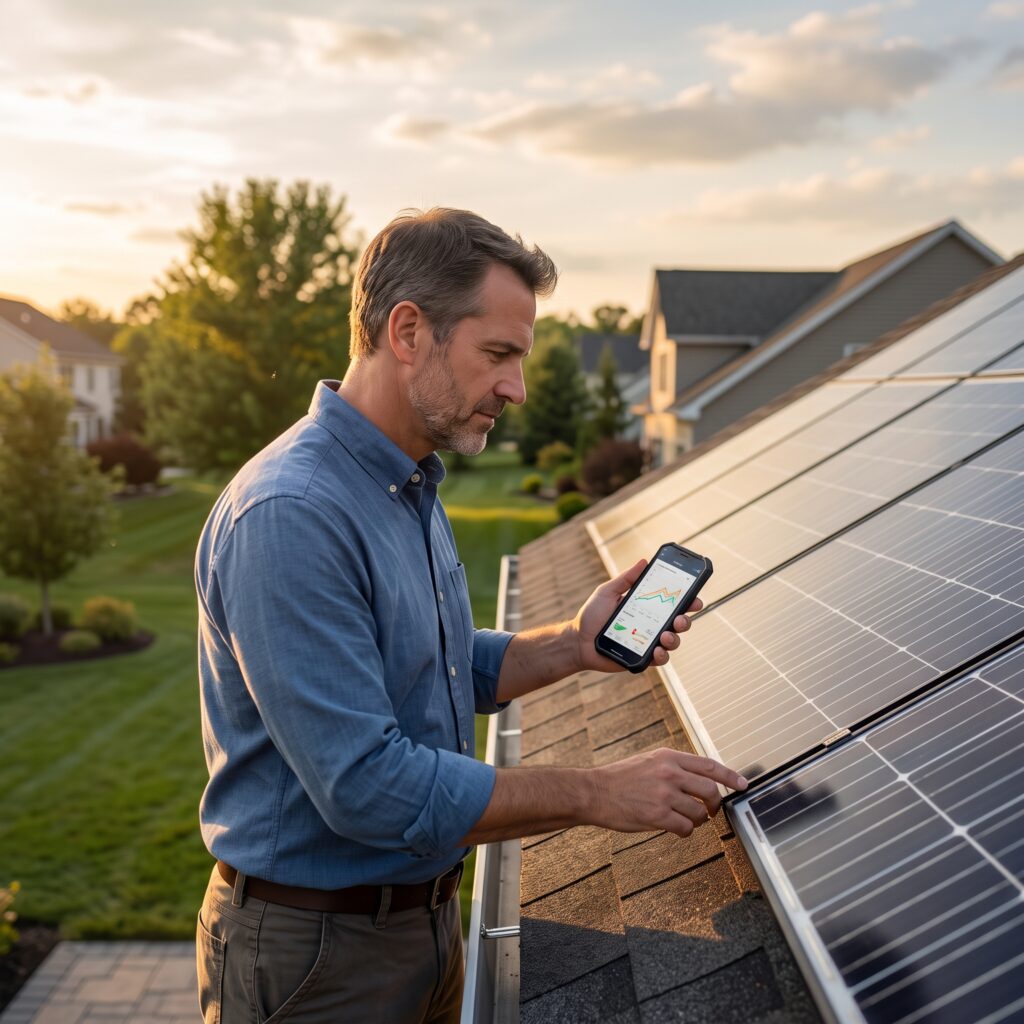 Solar mechanic reviewing rooftop array performance data as SEIA report highlights slower 2026 U.S. solar market growth