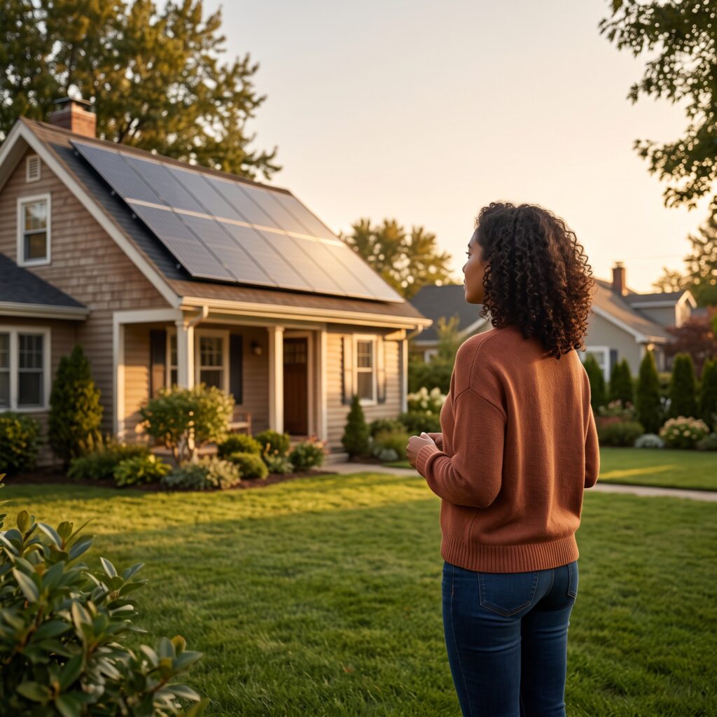 Rooftop solar panels on a home, explaining how do I get solar panels for free through leases, PPAs, or local aid