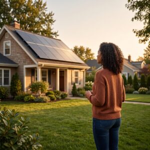 Rooftop solar panels on a home, explaining how do I get solar panels for free through leases, PPAs, or local aid