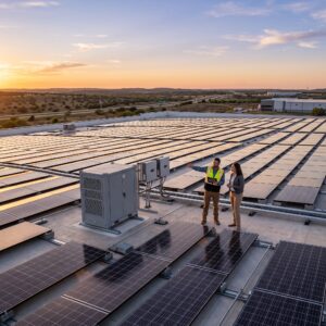 Commercial solar panels cost Texas graphic with rooftop array, battery storage, and 2026 pricing trend overview