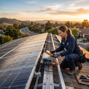 Technician inspects rooftop panels for solar energy repair, checking wiring and inverter performance during maintenance