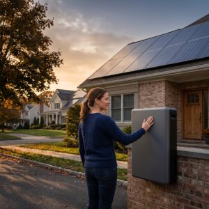 Technician inspecting a solar panel NJ system and battery setup beside an electrical panel for storage readiness