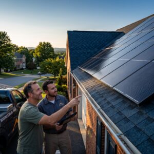 Contractor inspecting a roof to replace roof and add solar panels, checking summer performance and panel layout