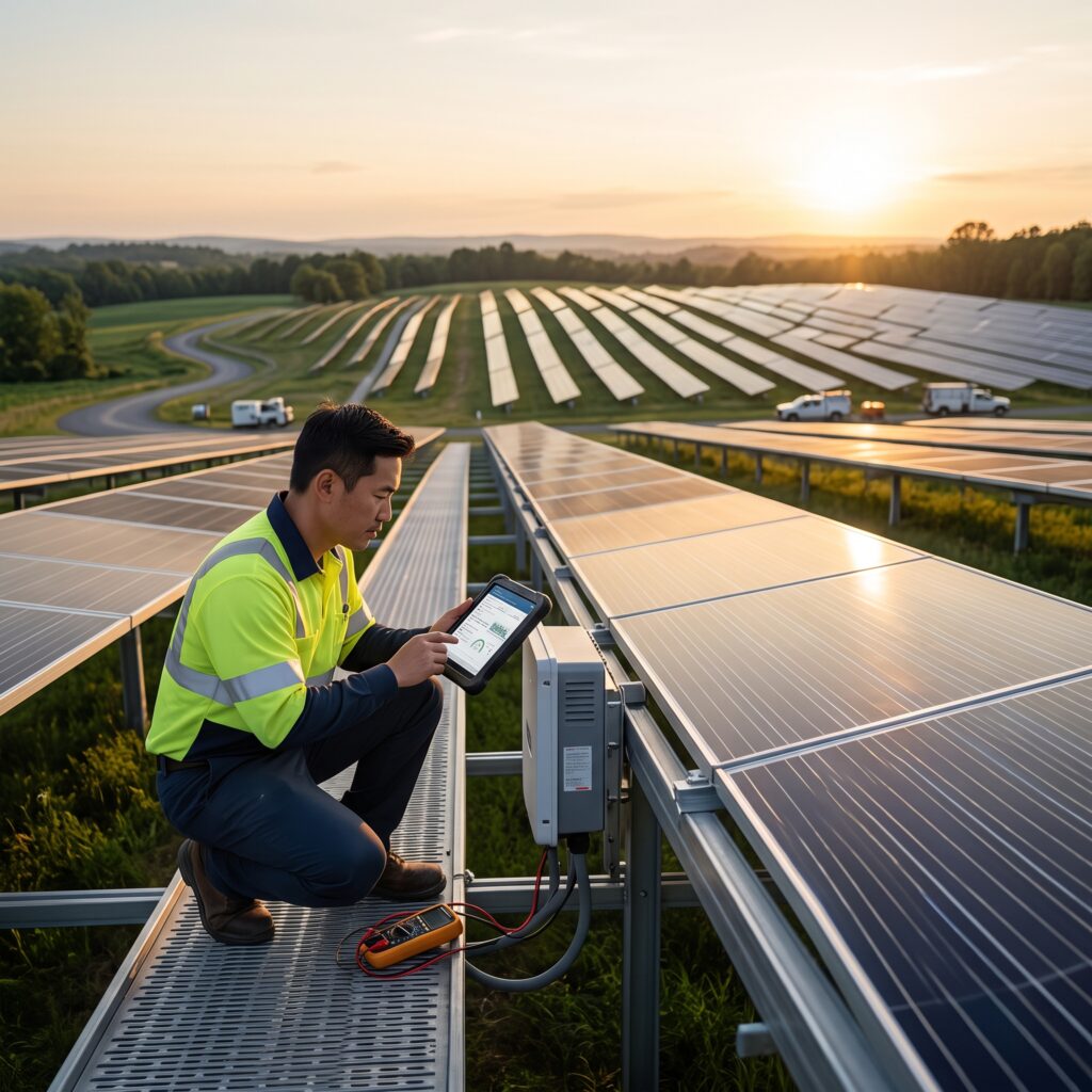 Dashboard displaying photovoltaic monitoring systems data, solar output trends, alerts, and weather context for NJ owners