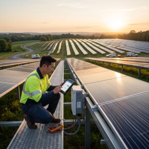 Dashboard displaying photovoltaic monitoring systems data, solar output trends, alerts, and weather context for NJ owners