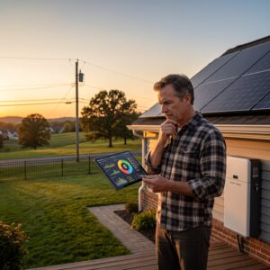 Dashboard showing solar power monitoring system data, battery charge, and grid export trends during peak midday output