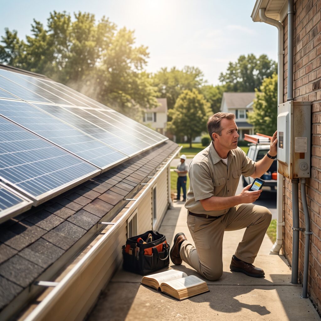 Technician reviewing inverter data on a rooftop solar system during summer heat, diagnosing solar fix output loss