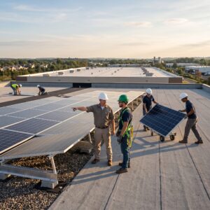 Technicians removing rooftop solar array for commercial roof work, showing cost to remove and replace solar panels