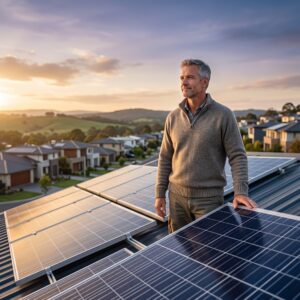 Homeowner reviewing solar warranties paperwork beside rooftop panels, highlighting coverage terms and claim details