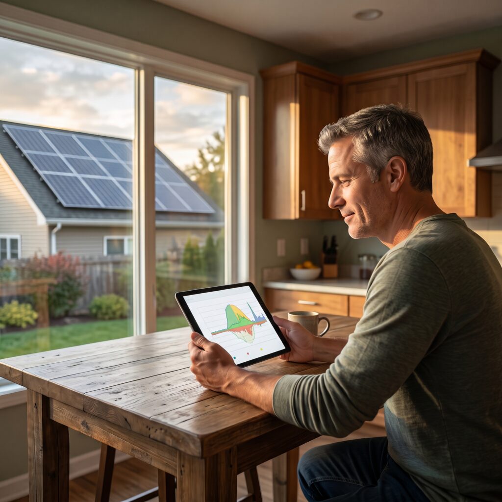 Solar system monitoring dashboard tracking midday solar exports, hourly usage, and battery timing for NJ and PA homes