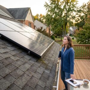 Solar panels on old roof during inspection, showing older rooftop array and technician checking system performance