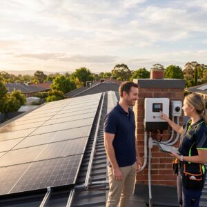 Solar service center technician reviews inverter and home battery setup for backup power upgrade on existing panels