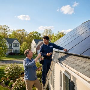 Technician inspecting rooftop panels for solar companies in New Jersey, highlighting summer underperformance diagnosis